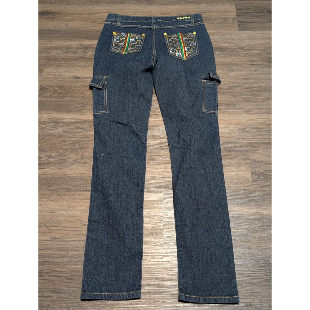 Coogi Womens Cargo Jeans‎ Dark Wash Embroidered Rhinestone Rasta Stripe Size 16 - Picture 5 of 7